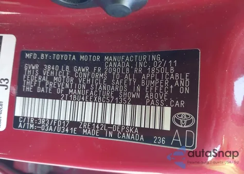 2011 Toyota Corolla S z USA, uszkodzony, nr VIN 2T1BU4EEXBC571352